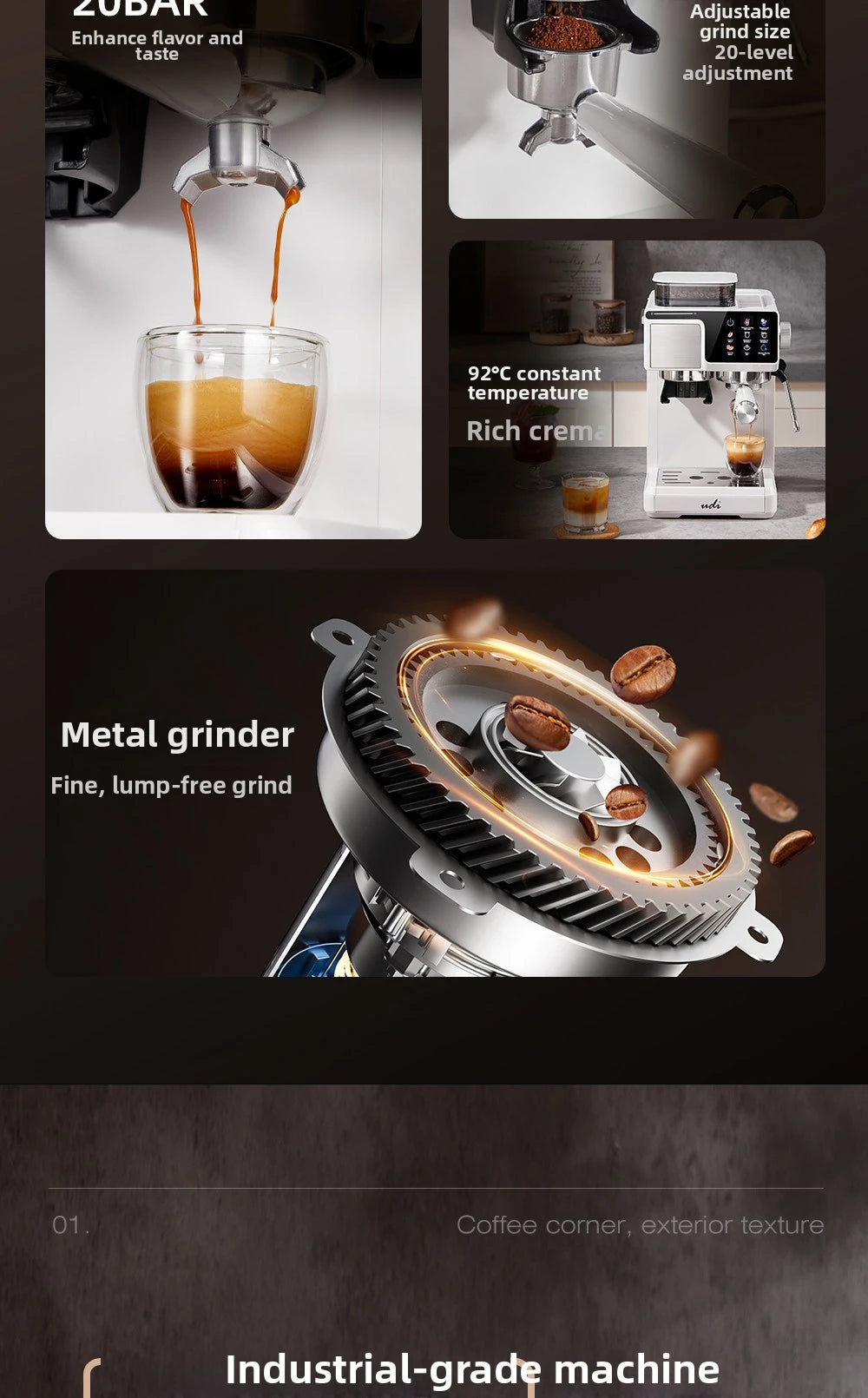 Zubar espresso machine with metal grinder, white finish, adjustable 20-level grind, and constant 92°C temperature.