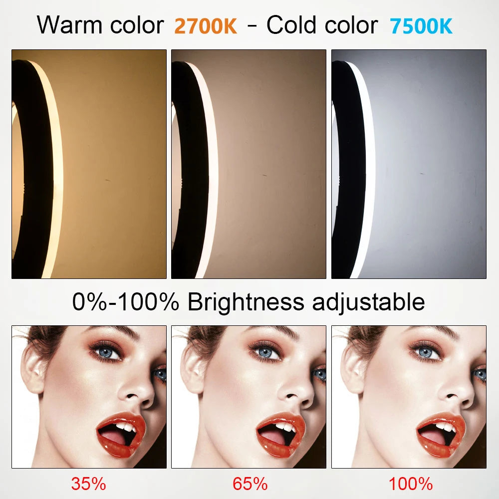Ring light showing color temperature settings from 2700K to 7500K and adjustable brightness levels for photography.