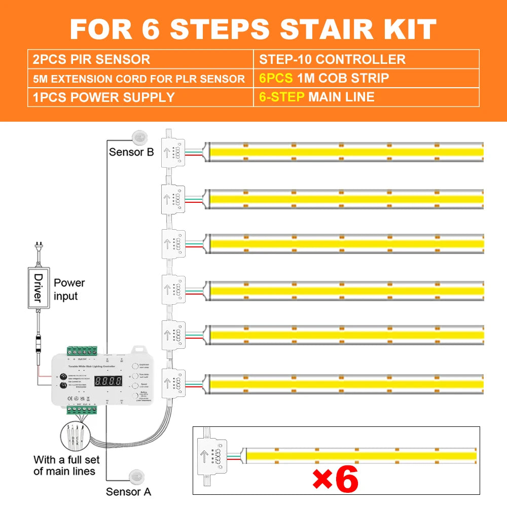 Dimmable LED stair light kit with motion sensors, wiring diagram for 6 steps