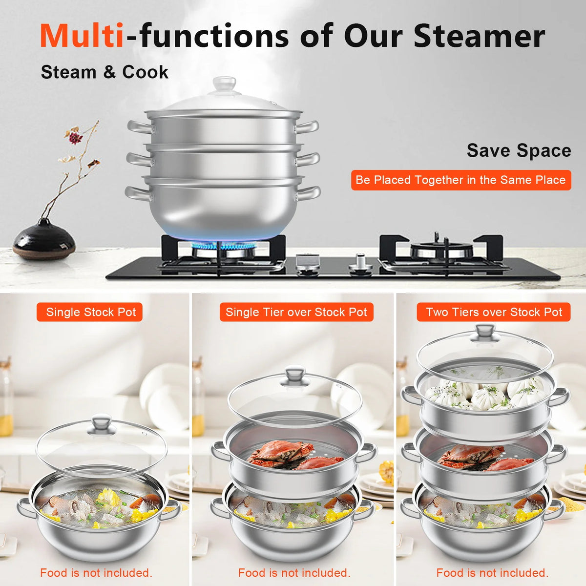 Multi-function stainless steel steamer pot with three stackable tiers shown on stove.