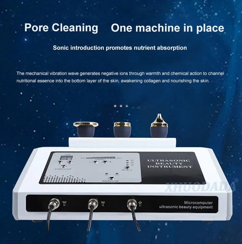 3-in-1 ultrasonic facial device for pore cleaning, skin rejuvenation, and anti-aging with three professional probes.