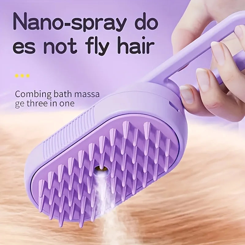 Purple 3-in-1 steam pet brush with silicone bristles, USB rechargeable grooming tool for cats and dogs.