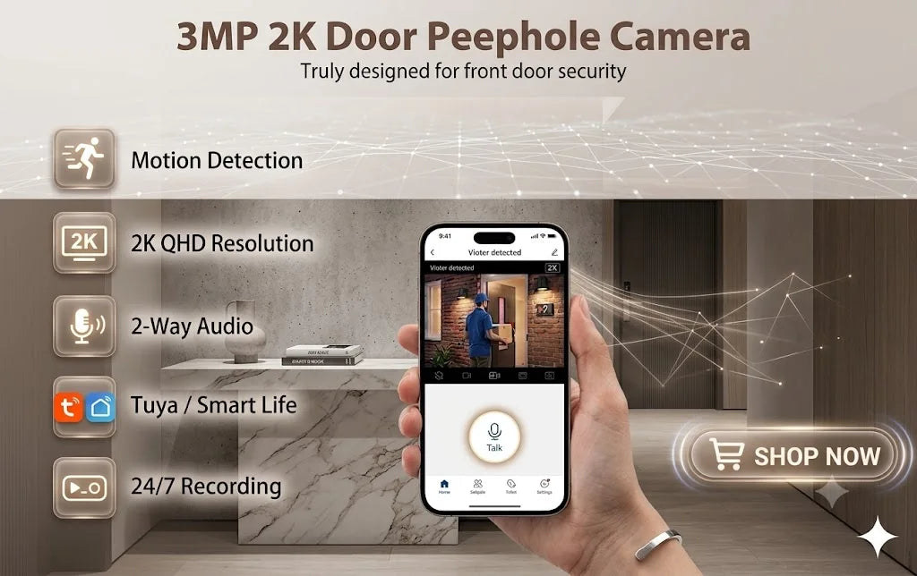 3MP 2K HD 180° Video Doorbell Peephole Camera, Two-Way Audio, Motion Detect, Tuya SmartLife, 2.4G/5G Dual WiFi, EU/US/UK/AU Plug