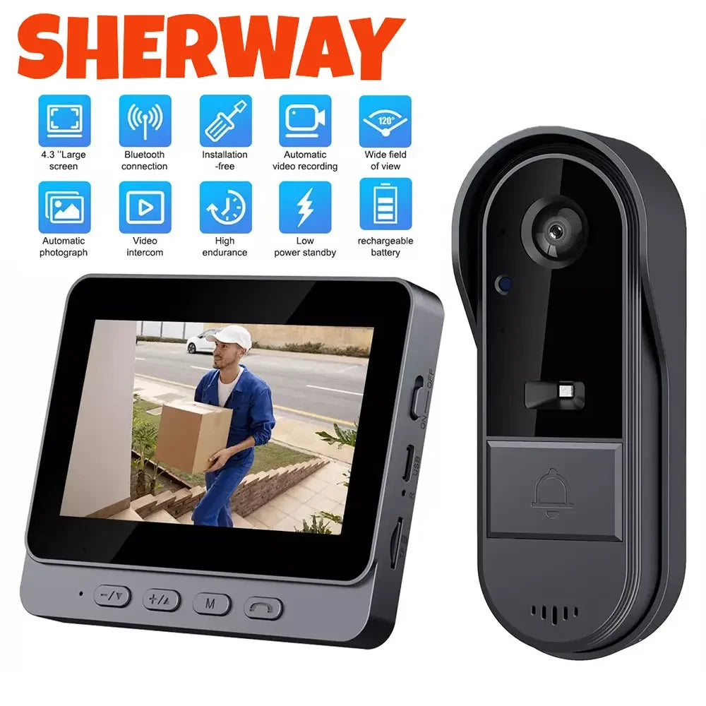 Wireless Wifi Doorbell Camera 1080P Video Intercom Doorbell Waterproof 4.3in IPS Screen Home Security Door Bell IR Night Vision