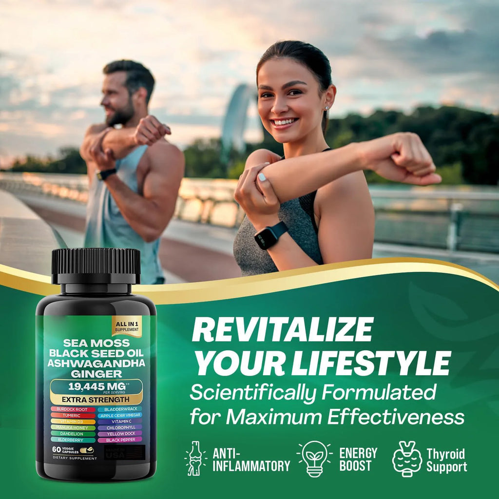 Sea Moss 3000mg Black Seed Oil Capsules Ashwagandha SHILAJIT Ginseng Chlorophyll for Women & Men Boosting Bone Skin Health