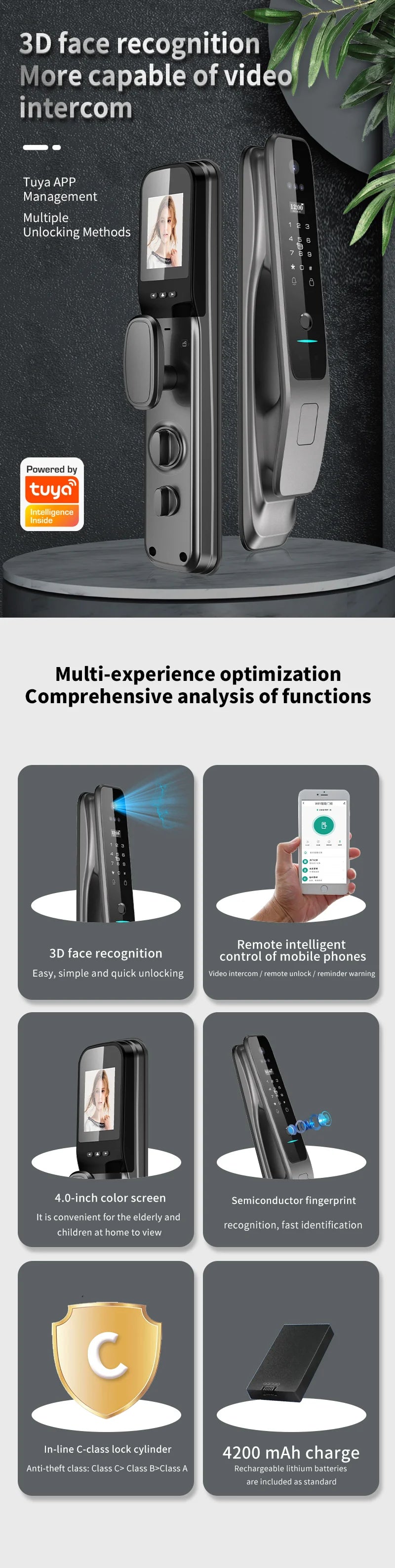 High End Active Monitoring Active Video Intercom Talking WiFi Tuya Smart Door Lock With Camera And Monitor