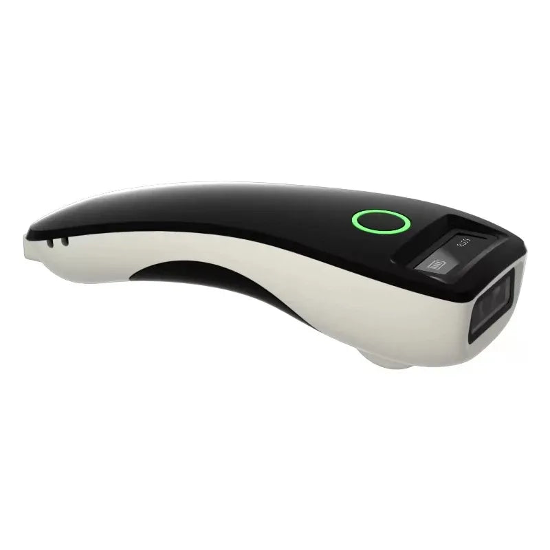Mini handheld barcode scanner, black-and-white body with green status light and side scan port