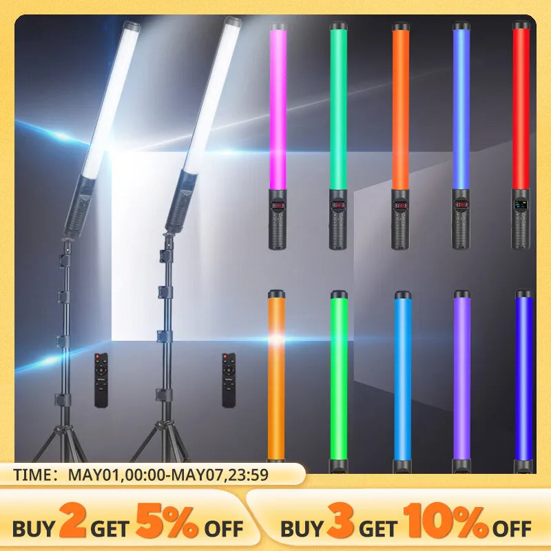 Two handheld RGB LED light wands with tripods, remotes, and multiple color settings for photography and video lighting.