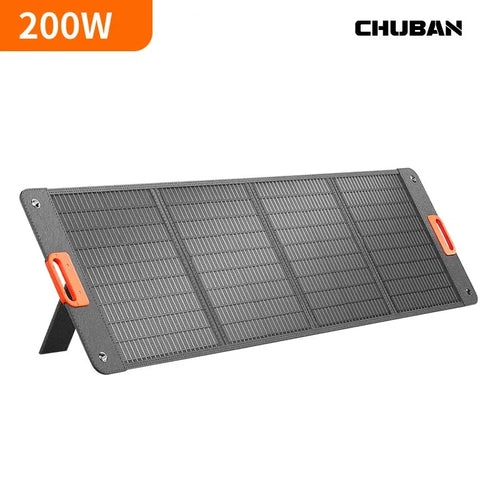 Foldable 200W grey solar panel with integrated kickstand and orange handles, ideal for portable camping power.