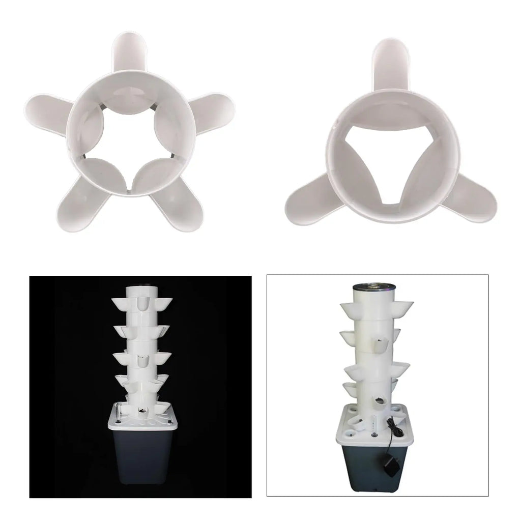 White vertical hydroponic planter tower with stacked cups and base reservoir