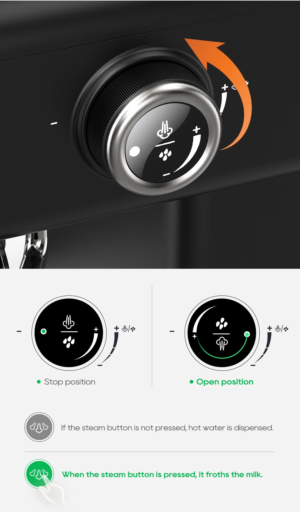 Black espresso machine steam knob dial with milk frothing and hot water settings for home barista brewing.