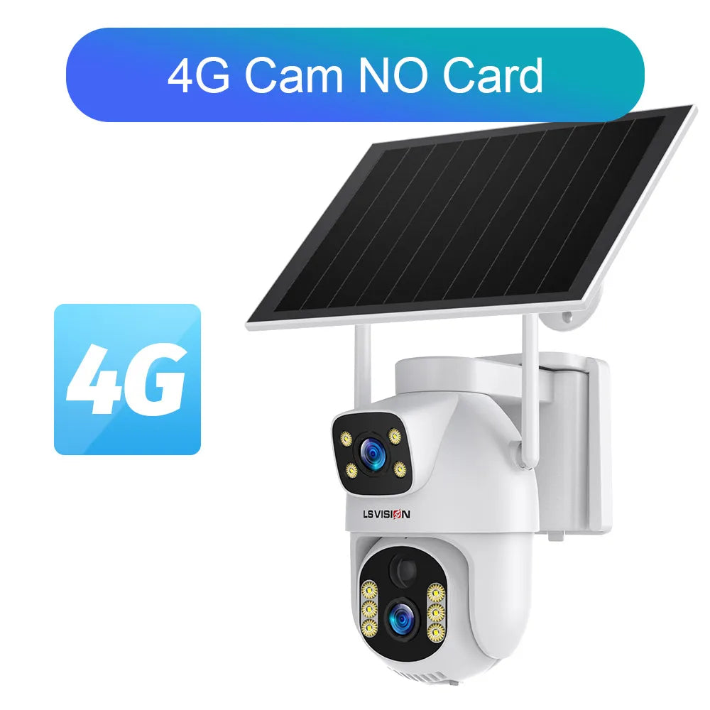 Angled view outdoor solar PTZ security camera with dual lenses, 4G, no SD card
