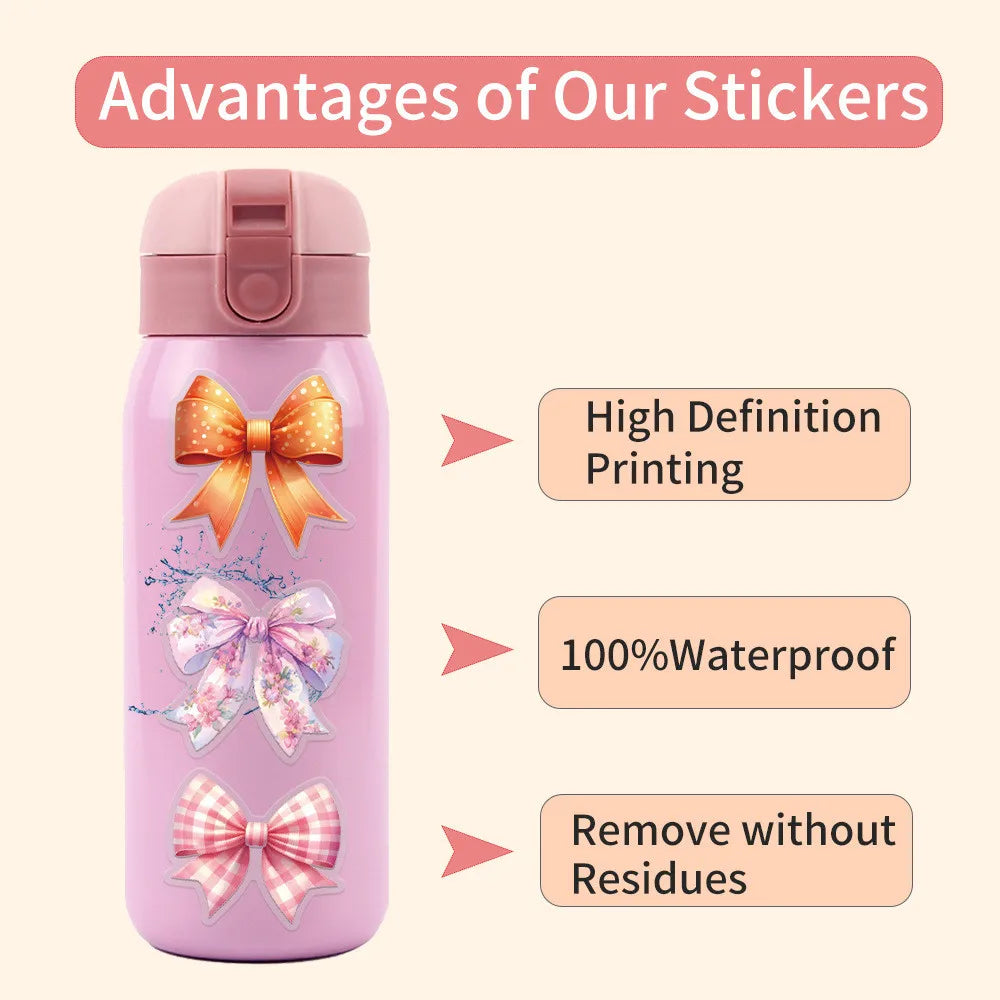60-pack waterproof transparent PET bow stickers on a pink water bottle, perfect for scrapbooking and journal decoration.