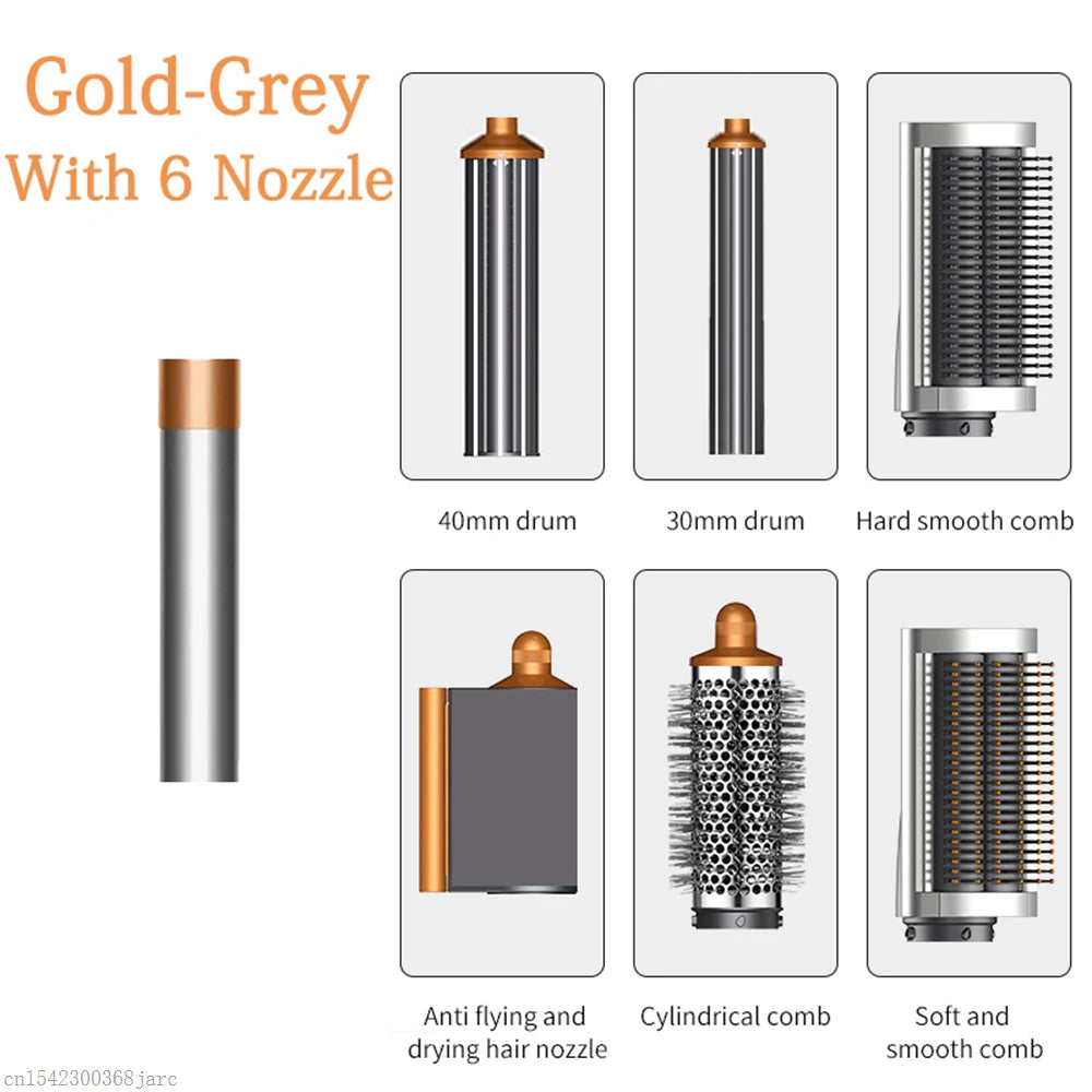 SenCiciMen X9 gold-grey 6-in-1 hair styler set with curling barrels, hot air dryer, and smoothing styling brushes.