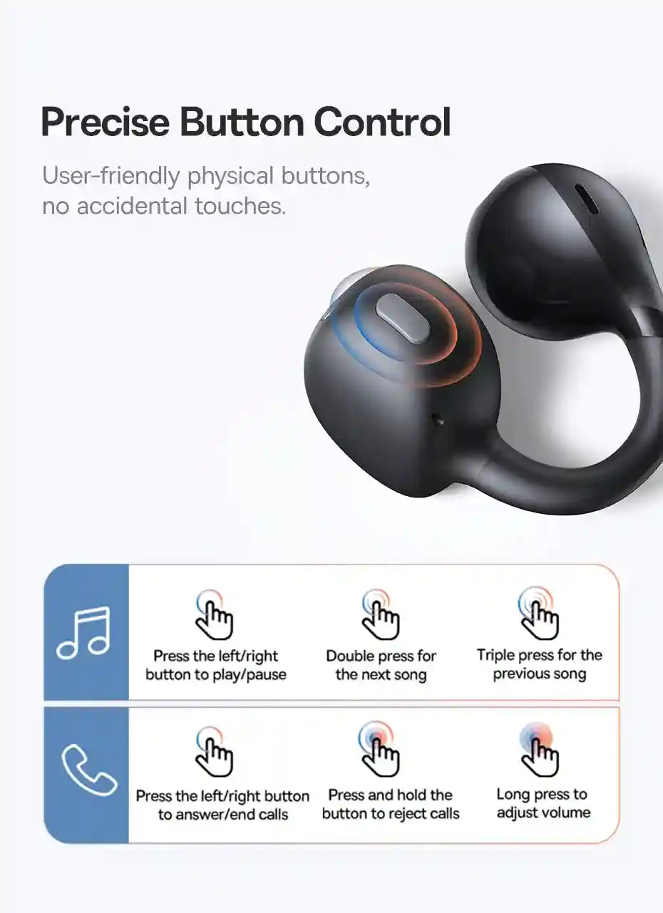 Wireless Earbuds Open-Ear Sports Clip-On - Bluetooth 5.3 Low Latency Black Tidesmit