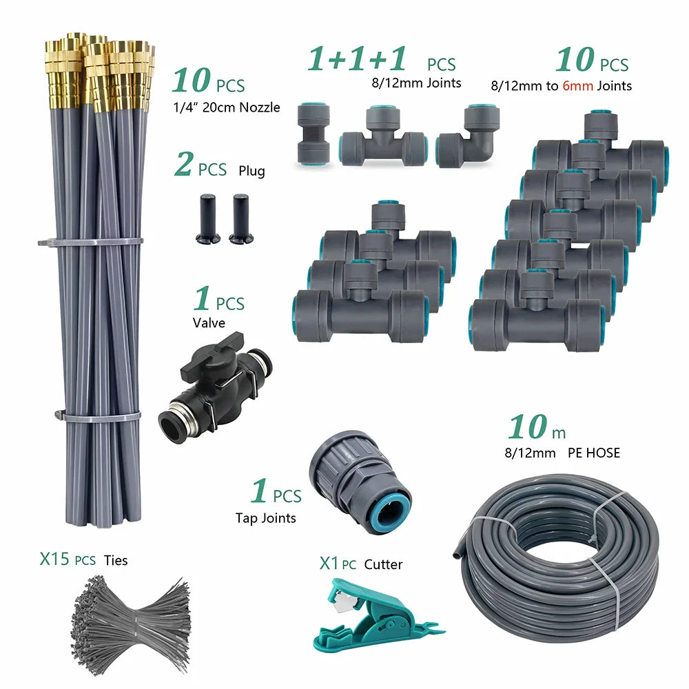 Flexible PE irrigation nozzle set with gray 8/12mm fittings and 10 m hose coil