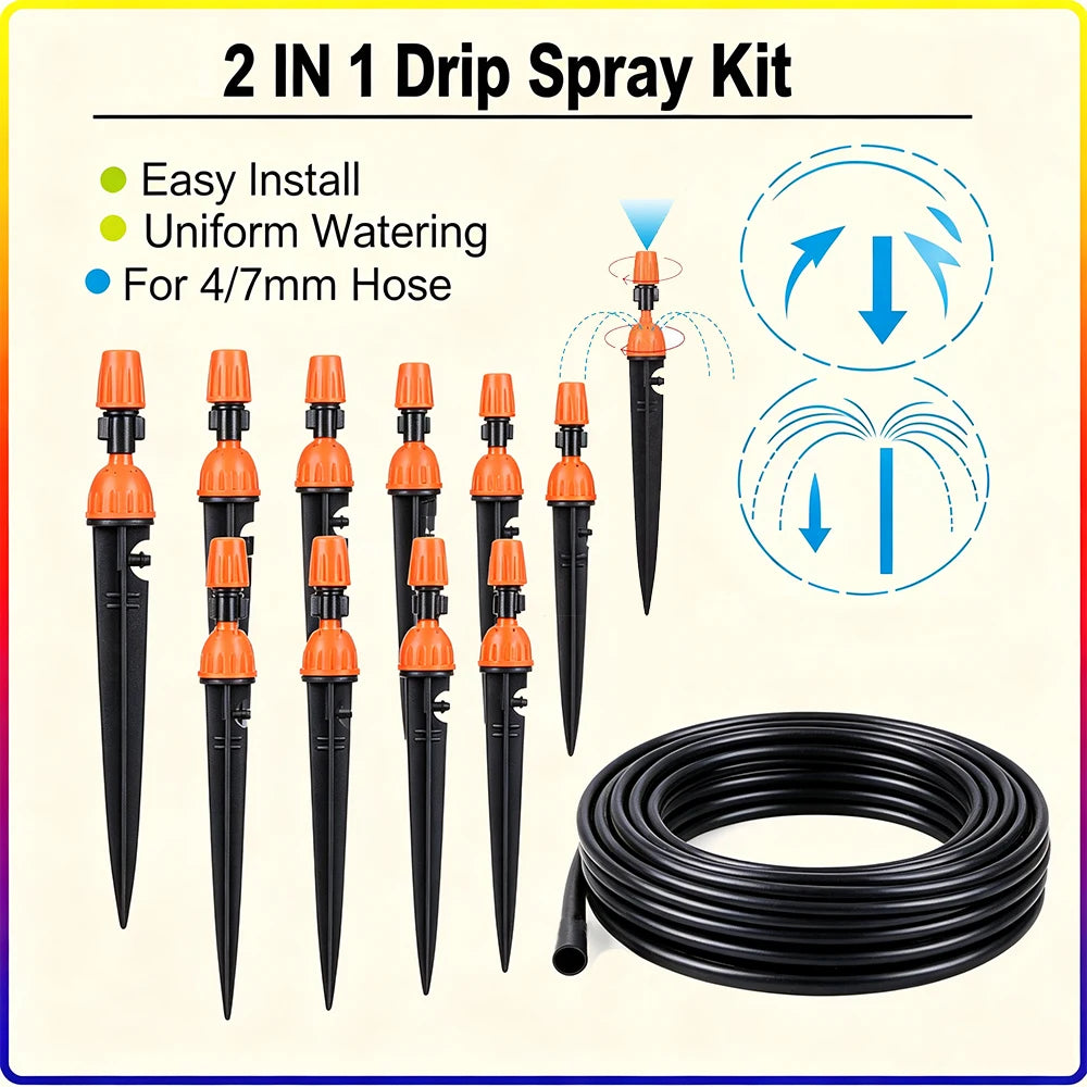 2in1 Adjustable Dripper Sprinkler Stake Nozzle Irrigation Emitter for 4/7mm Micro Tube Garden Yard Greenhouse Lawn Watering Sy