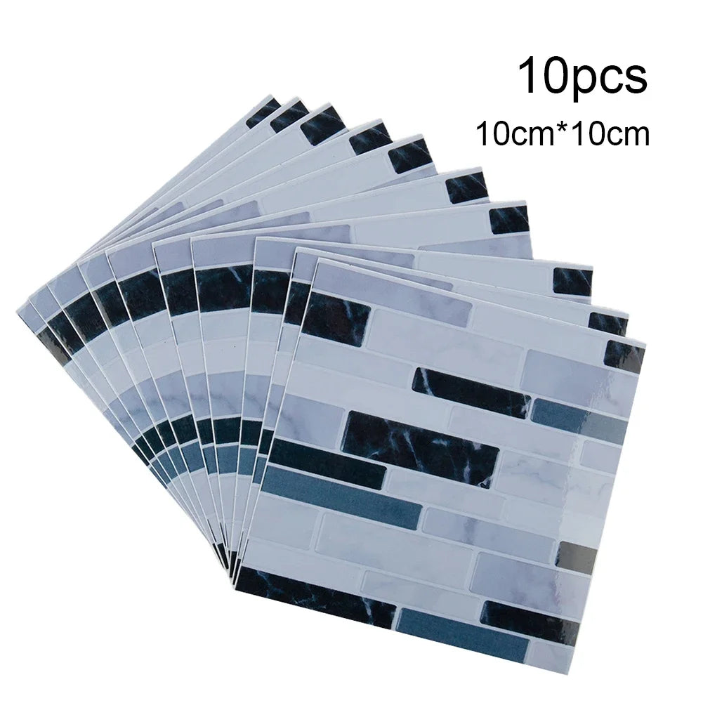 Self-adhesive 3D mosaic tile wall sticker sheets, white, black, and gray bar pattern