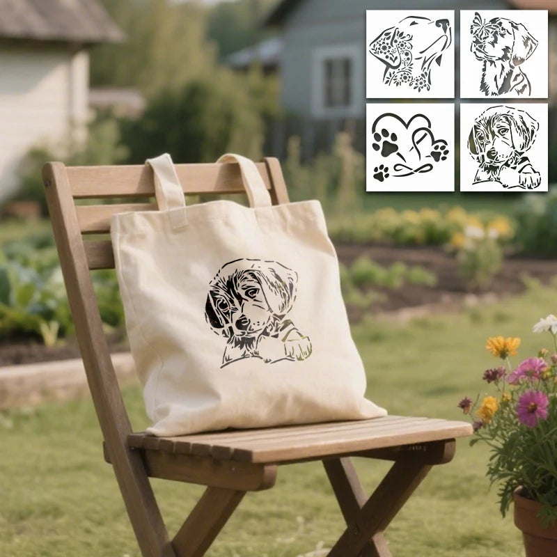 4pcs reusable dog-themed PET stencils for DIY painting and craft projects on canvas bags and home decor.