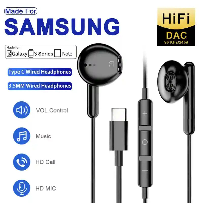 USB-C Wired Headphones for Samsung Galaxy S24 S23 - HiFi Stereo Audio Tidesmit