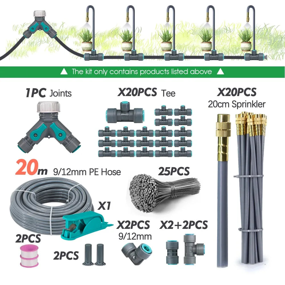 Garden sprinkler irrigation kit with teal tap adapter, hose coil, tee connectors, and brass sprayer stakes