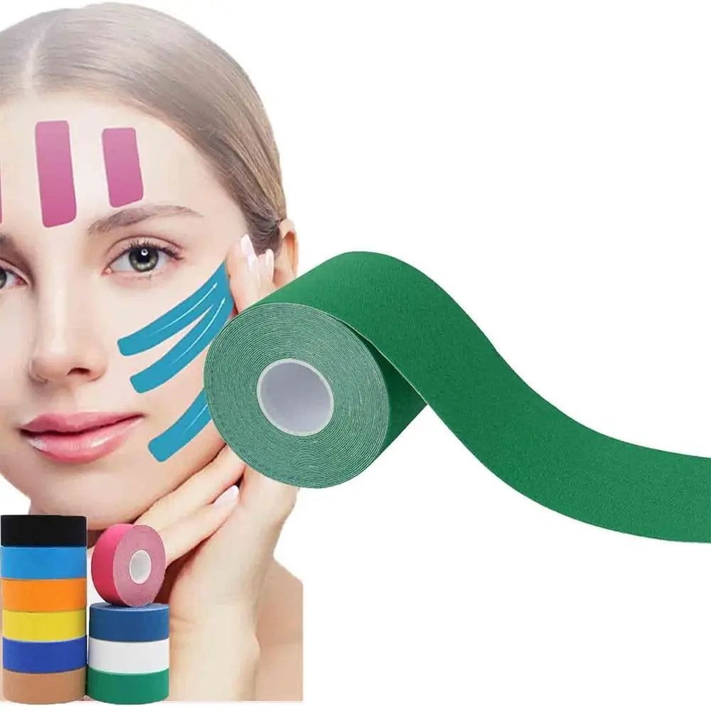 A green roll of anti-wrinkle face tape next to a woman showing where to apply strips, with a stack of colored rolls.