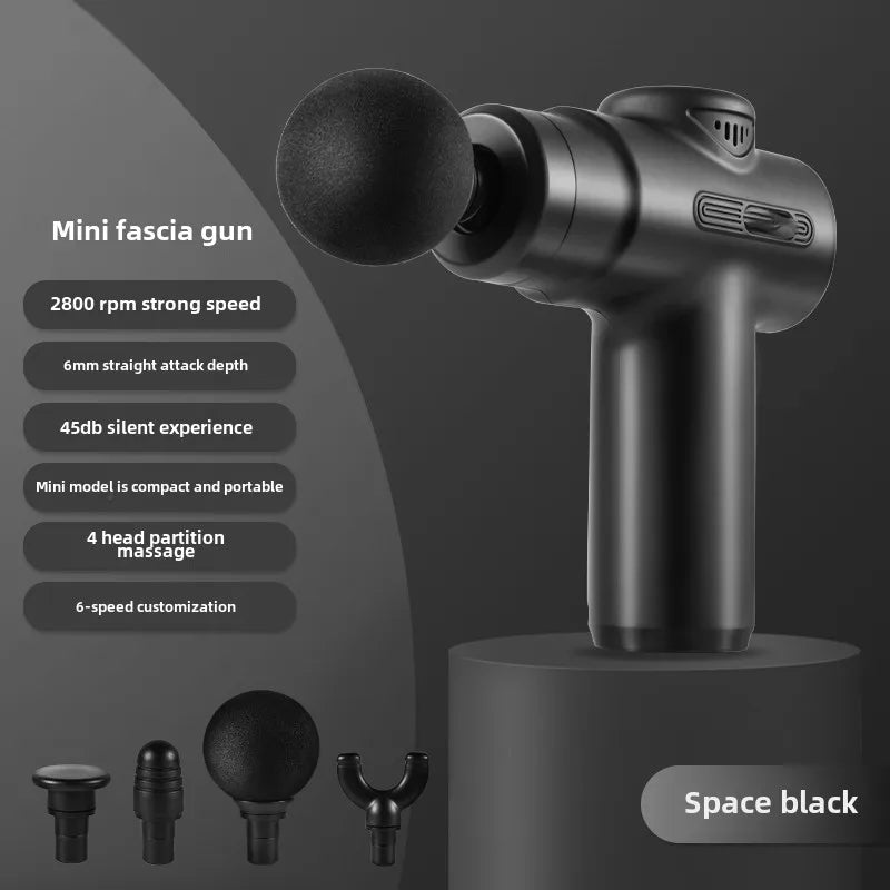 Compact, matte black handheld muscle massage gun with a ball head attachment and four interchangeable massage heads.