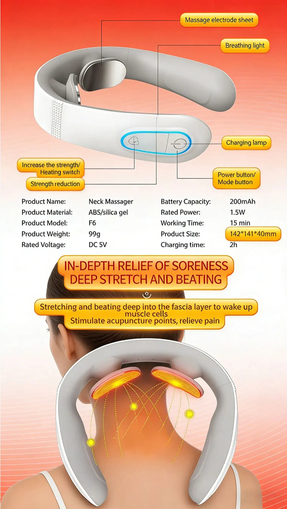 Vibration Neck Massager with Heated Pulse Relief - H808 Model Back Massage Instrument Tidesmit