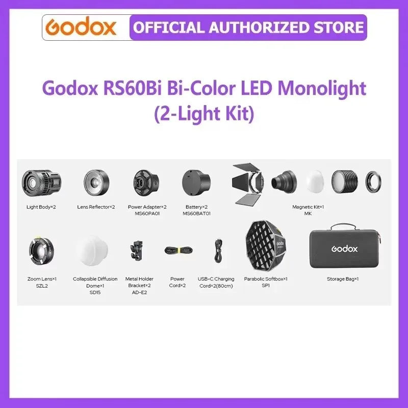 RS60Bi bi-color LED 2-light kit including metal lights, batteries, power adapters, softbox, lenses, and carry bag.