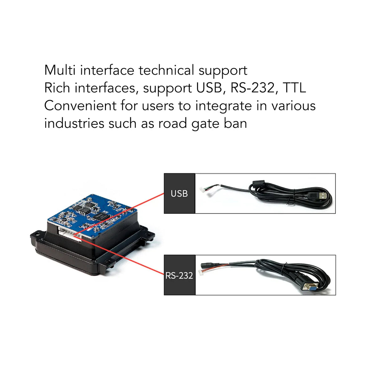 Black barcode reader module with USB and RS-232 cable connection set