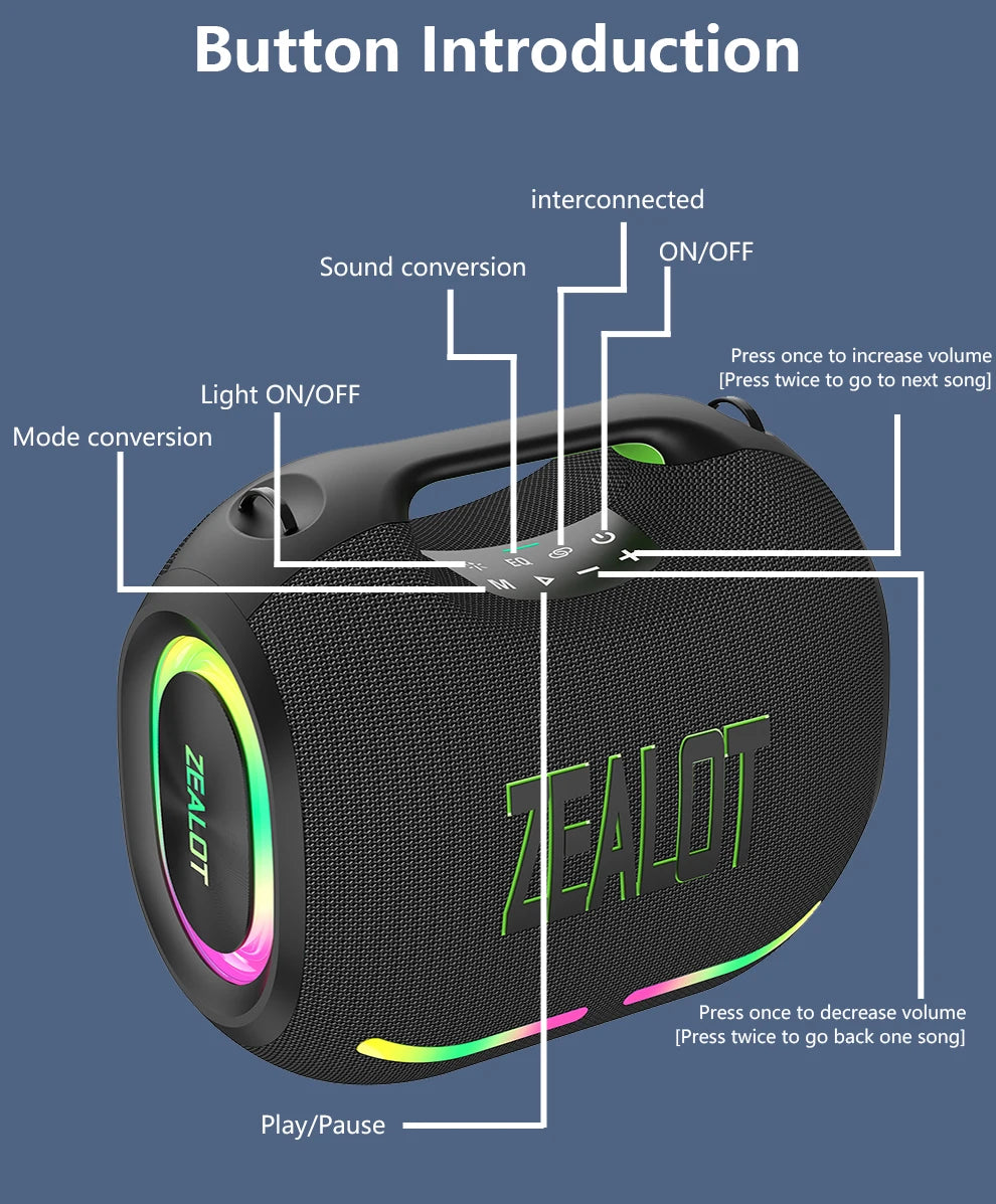 ZEALOT-ZE01 300W Big Power Wireless Speaker TWS Subwoofer Bluetooth Speaker High Volume Waterproof Portable Mobile Power HIFI Sound Qual Ultra-Long Battery Life
