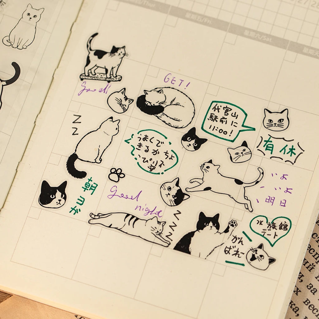 Cute cartoon cat PET stickers in black and white for DIY scrapbooking, journaling, and creative craft decoration.