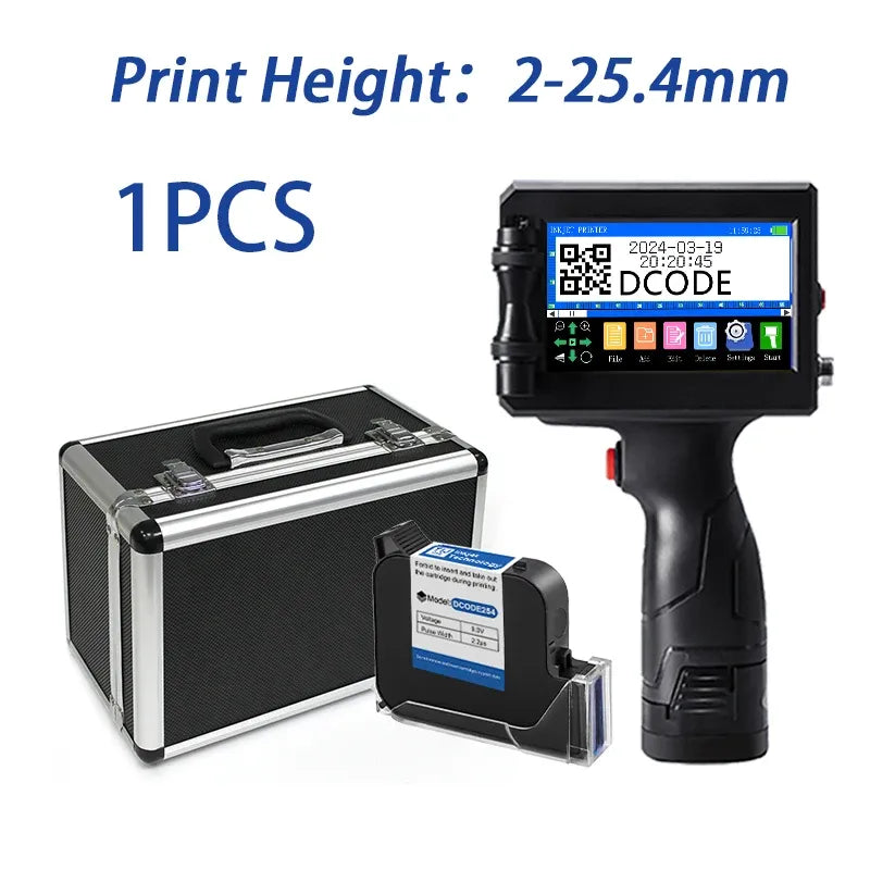 Portable handheld inkjet printer with black metal suitcase and ink cartridge set
