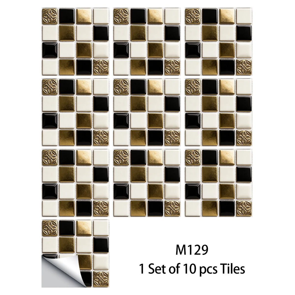 Mosaic tile wall decal set, black and gold squares with embossed medallion tiles