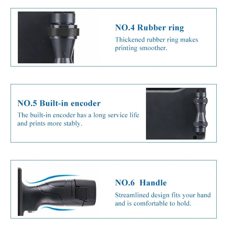 Inkjet printer features: rubber ring, built-in encoder, and ergonomic handle