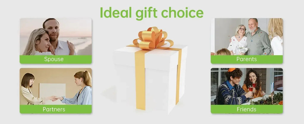 White gift box with a gold ribbon, showing gifting options for spouses, parents, partners, and friends.