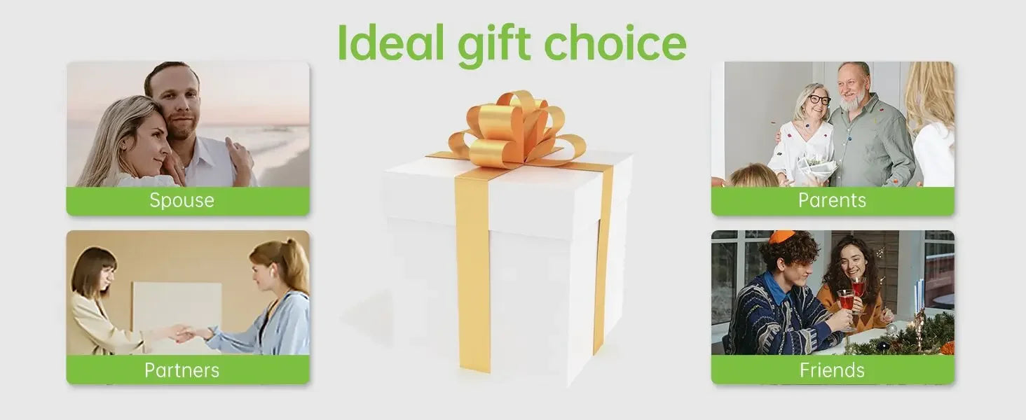 White gift box with a gold ribbon, showing gifting options for spouses, parents, partners, and friends.