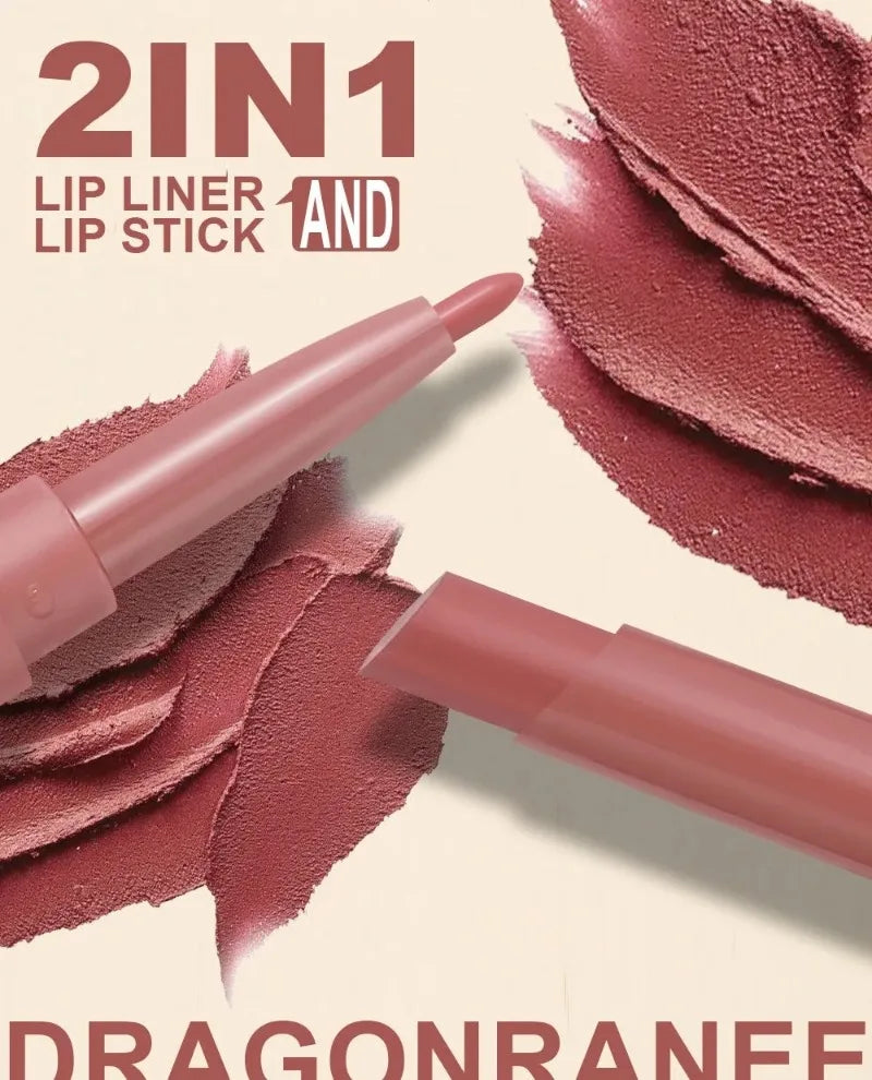 2-in-1 waterproof dual-ended rose red matte lipstick and lip liner pencil with creamy, long-lasting matte texture.
