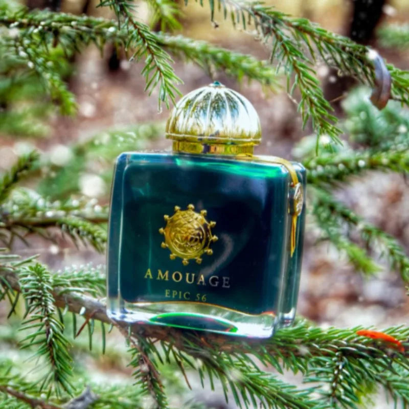 Amouage Epic 56 Extrait de Parfum for women, green square bottle with gold cap, long-lasting luxury floral fragrance.