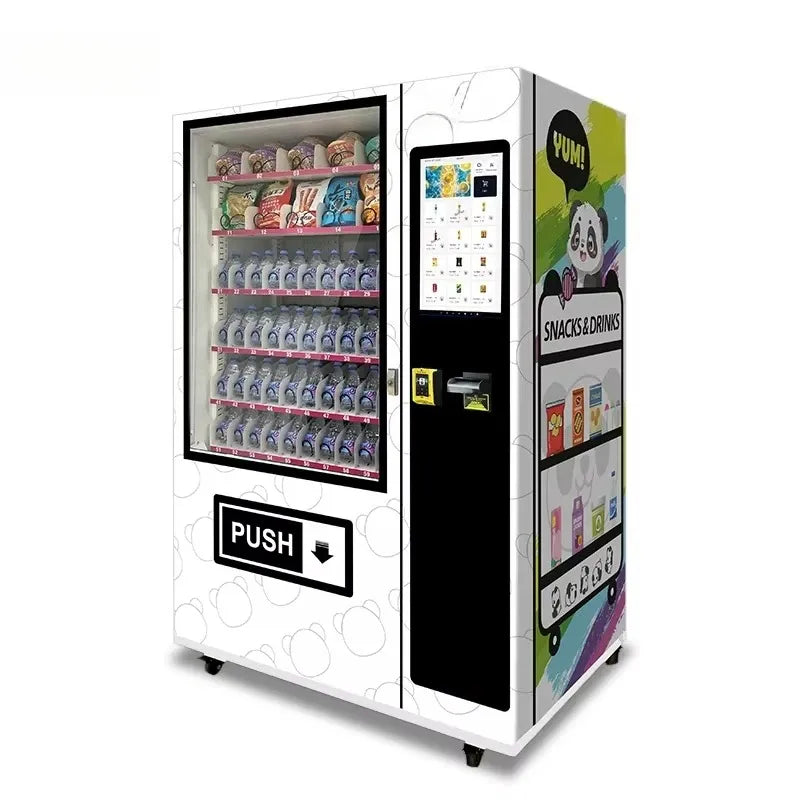 Three-quarter view vending machine with open front, touch screen, and push button