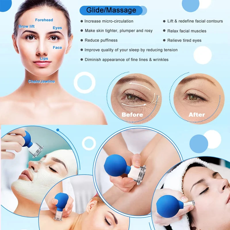 Blue rubber and glass facial cupping tools shown in use on skin, with instructional diagrams for skin lifting therapy.