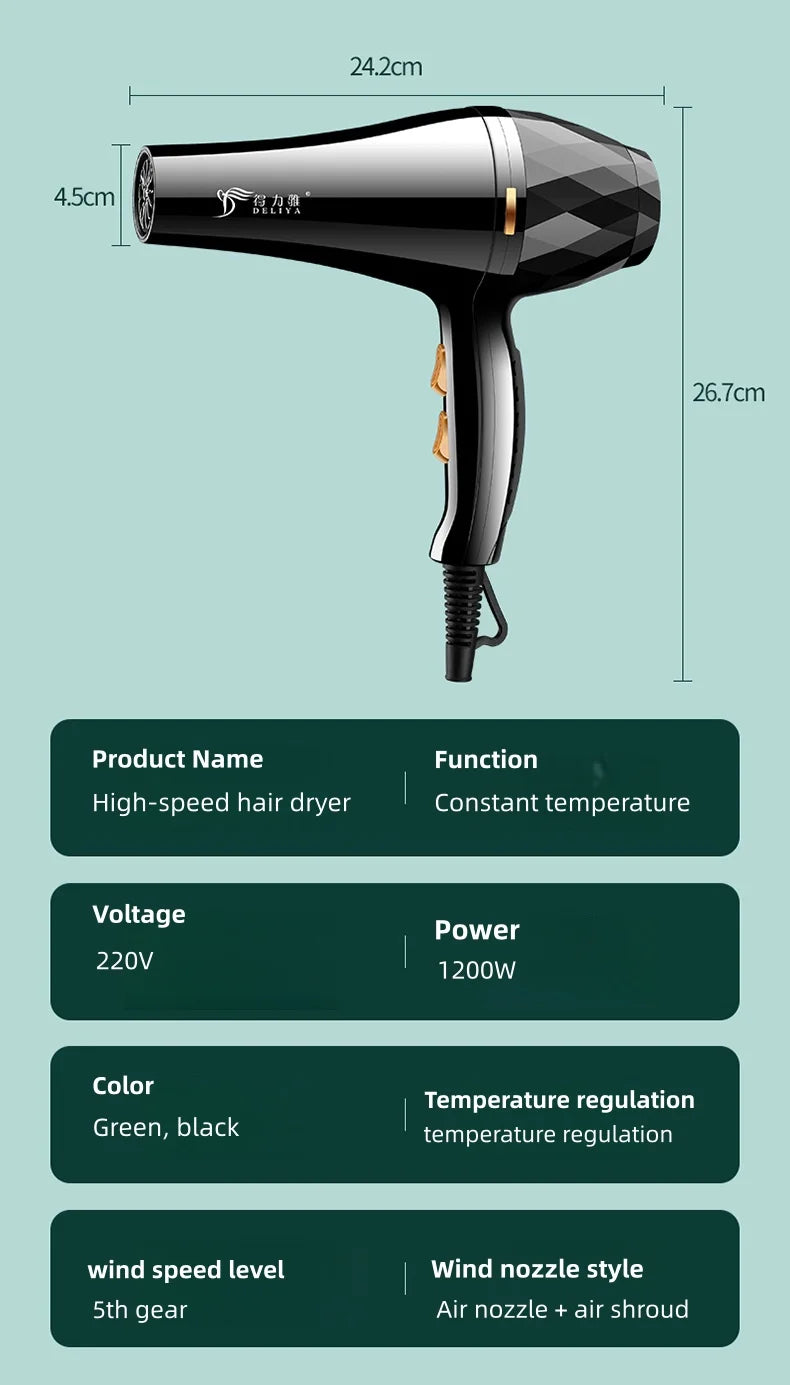 Black high-speed hair dryer with nozzle, constant temp control, 1200W power, and sleek professional salon design.