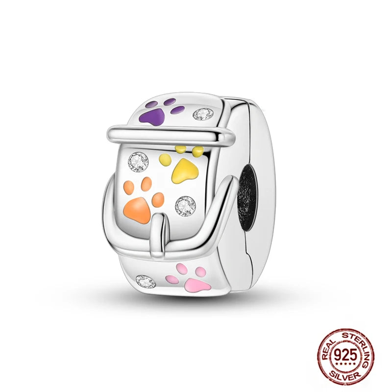 925 sterling silver belt charm with colorful paw prints and crystals for pet-themed charm bracelets.