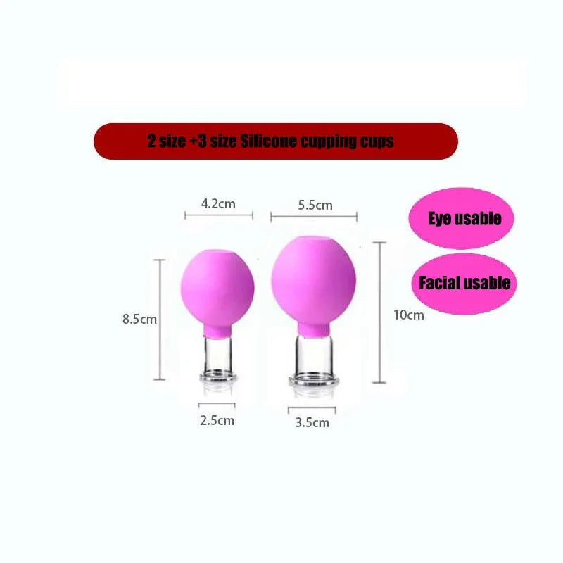 Two purple silicone and glass facial cupping massage tools of different sizes with measurement labels.