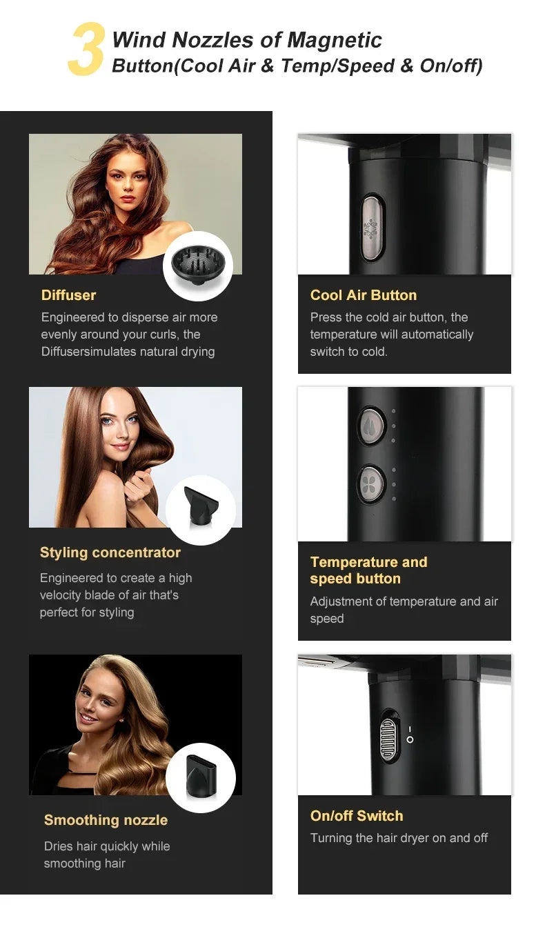 VGR V-427 leafless hair dryer with diffuser, concentrator, and smoothing nozzles for professional salon hair styling.