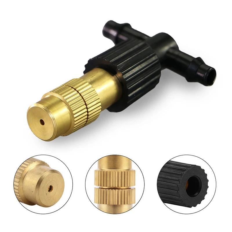 Adjustable brass mist nozzle tee connector with black ridged center and brass threaded cap