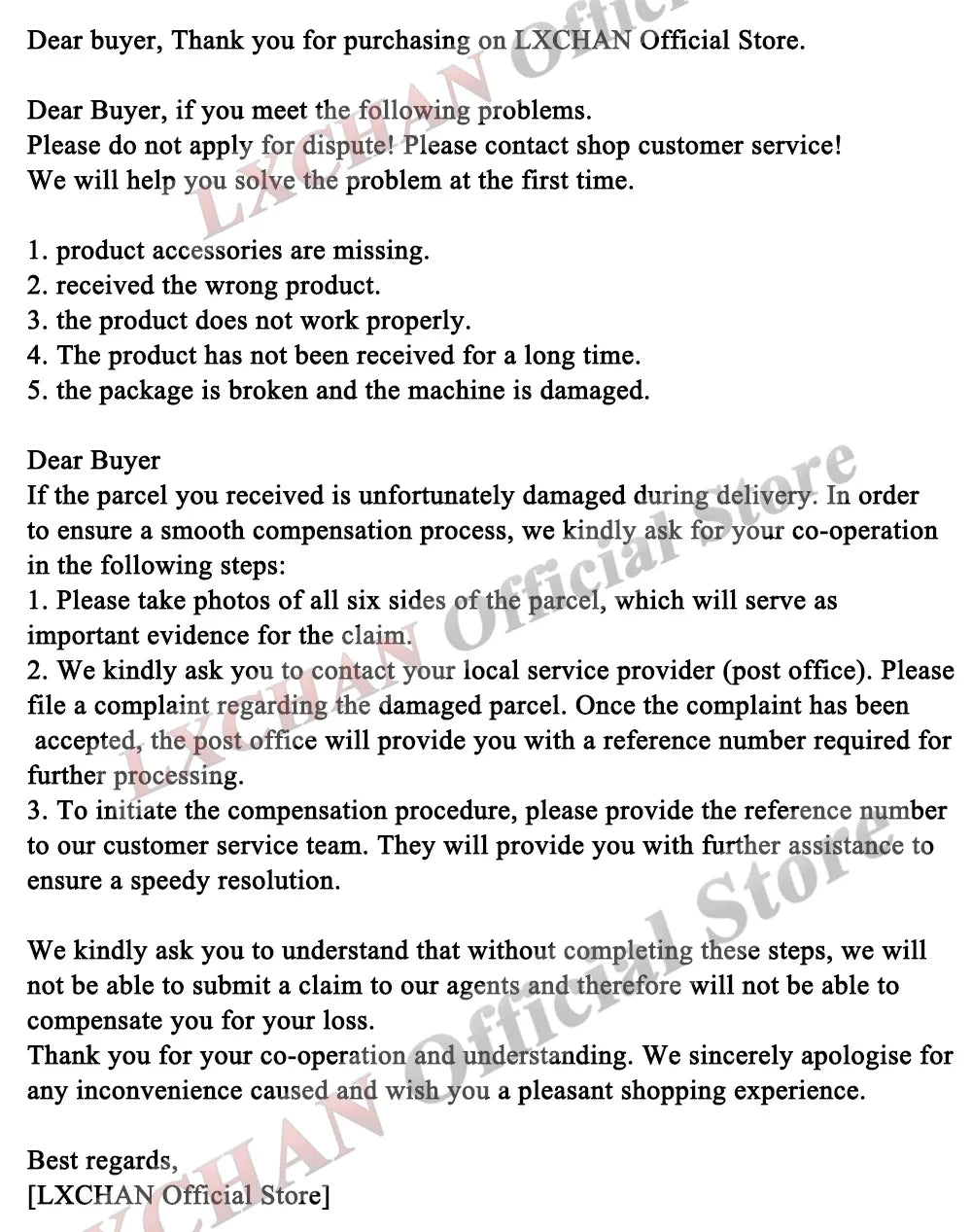LXCHAN Official Store customer service notice for product issues, damage claims, and parcel compensation instructions.