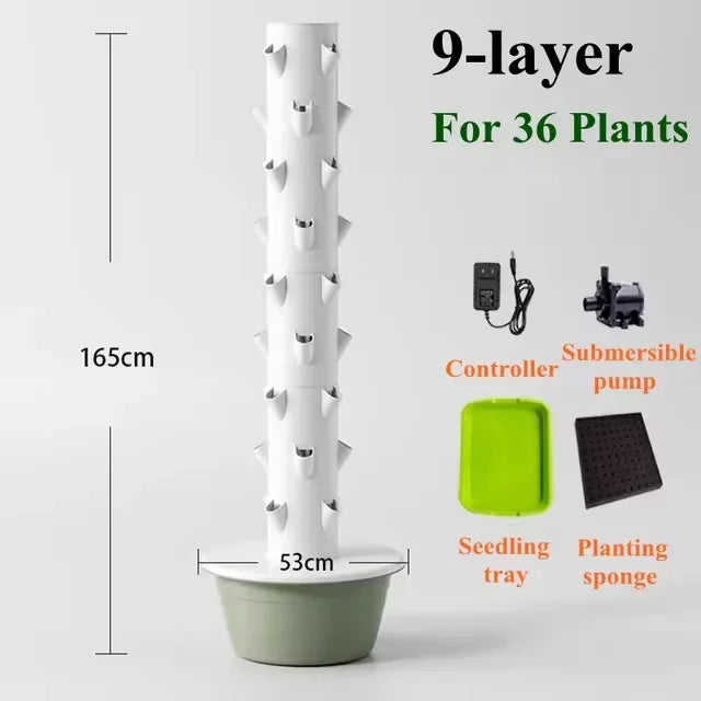 9-layer vertical aeroponic tower garden with seedling tray, planting sponge, and pump
