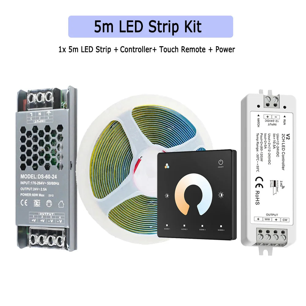 5m LED strip light kit with dual-color strip, black touch controller, and power supply