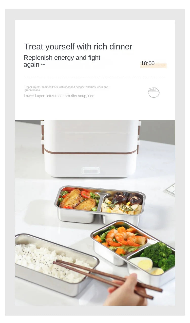White electric lunch heating container with front latch and two open food trays